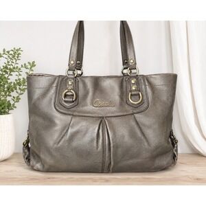 Coach Metallic Bronze Leather Pleated Tote Shoulder Bag Gold Hardware Large...